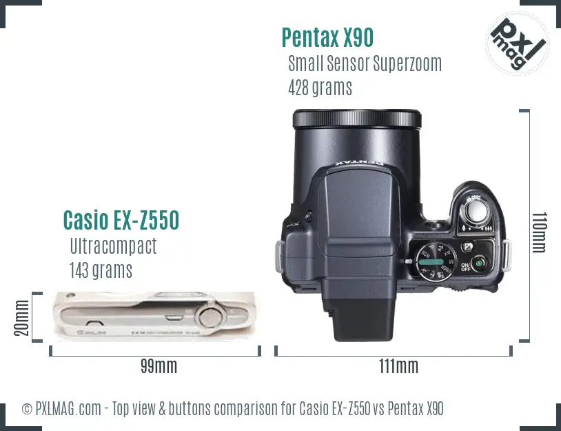 Casio EX-Z550 vs Pentax X90 top view buttons comparison