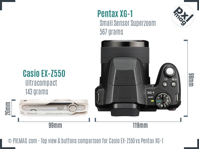 Casio EX-Z550 vs Pentax XG-1 top view buttons comparison
