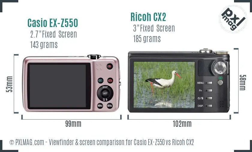 Casio EX-Z550 vs Ricoh CX2 Screen and Viewfinder comparison