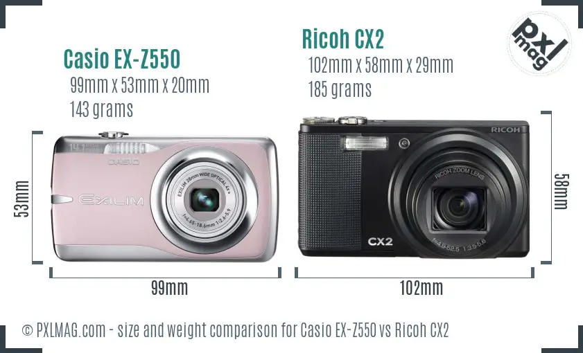 Casio EX-Z550 vs Ricoh CX2 size comparison