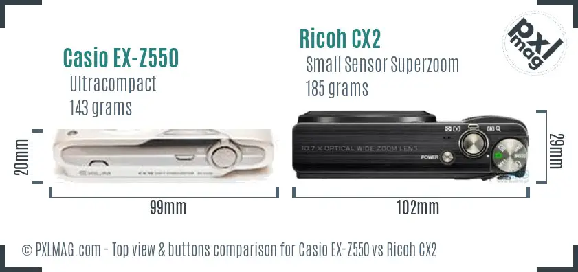 Casio EX-Z550 vs Ricoh CX2 top view buttons comparison