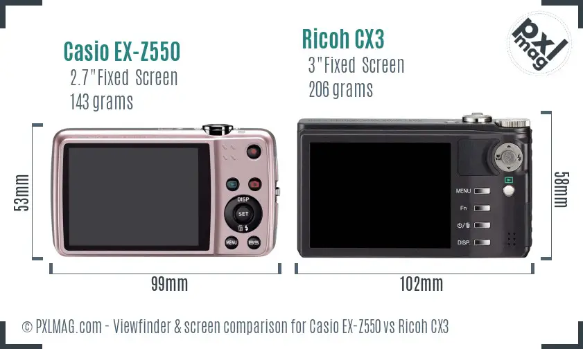 Casio EX-Z550 vs Ricoh CX3 Screen and Viewfinder comparison