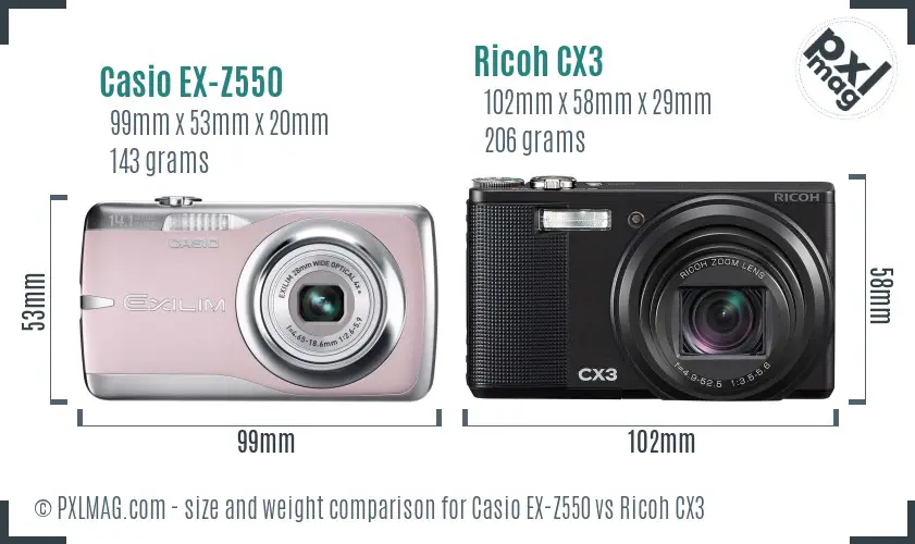 Casio EX-Z550 vs Ricoh CX3 size comparison Casio EX-Z550 vs Ricoh CX3 size comparison