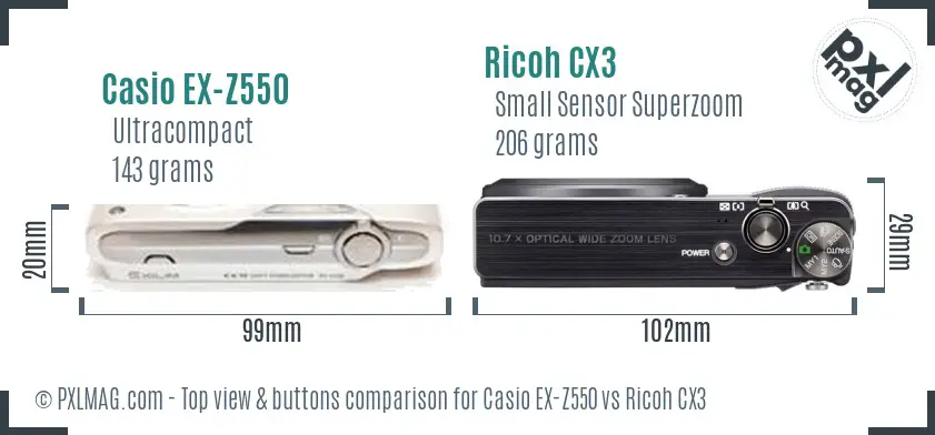 Casio EX-Z550 vs Ricoh CX3 top view buttons comparison