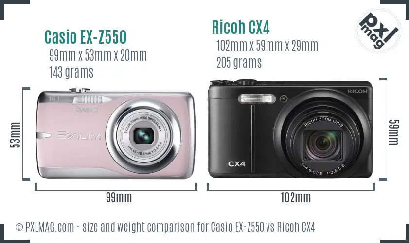 Casio EX-Z550 vs Ricoh CX4 size comparison Casio EX-Z550 vs Ricoh CX4 size comparison