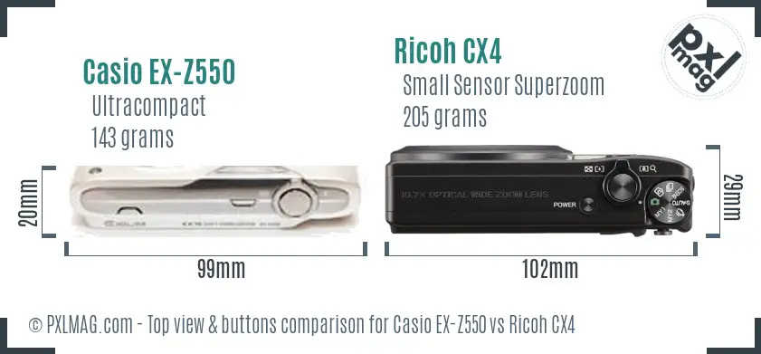 Casio EX-Z550 vs Ricoh CX4 top view buttons comparison Casio EX-Z550 vs Ricoh CX4 top view buttons comparison