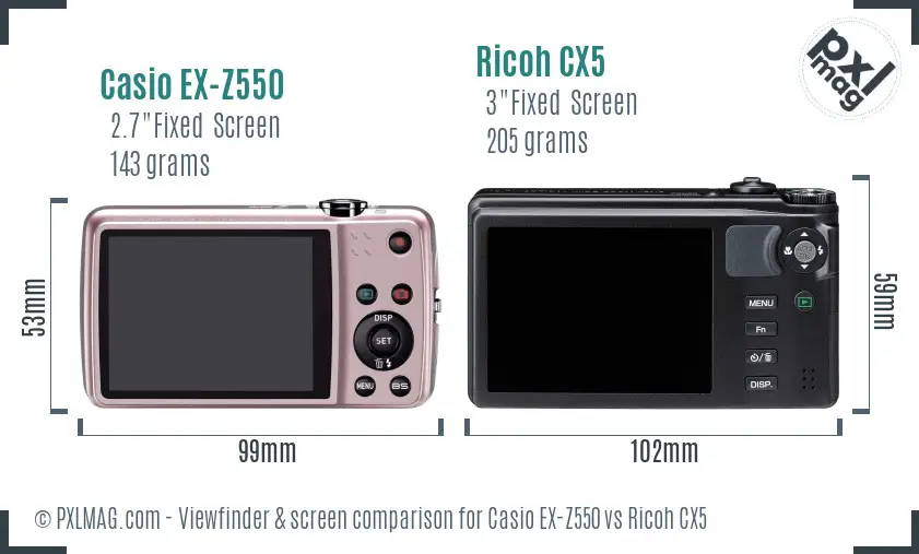 Casio EX-Z550 vs Ricoh CX5 Screen and Viewfinder comparison