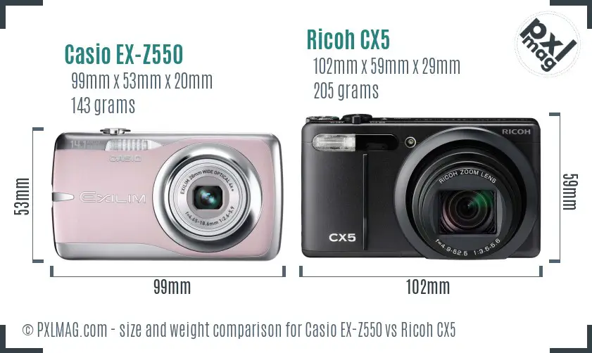 Casio EX-Z550 vs Ricoh CX5 size comparison