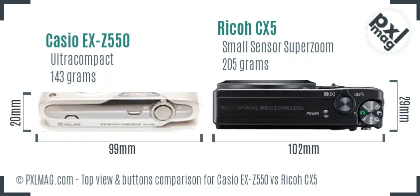 Casio EX-Z550 vs Ricoh CX5 top view buttons comparison