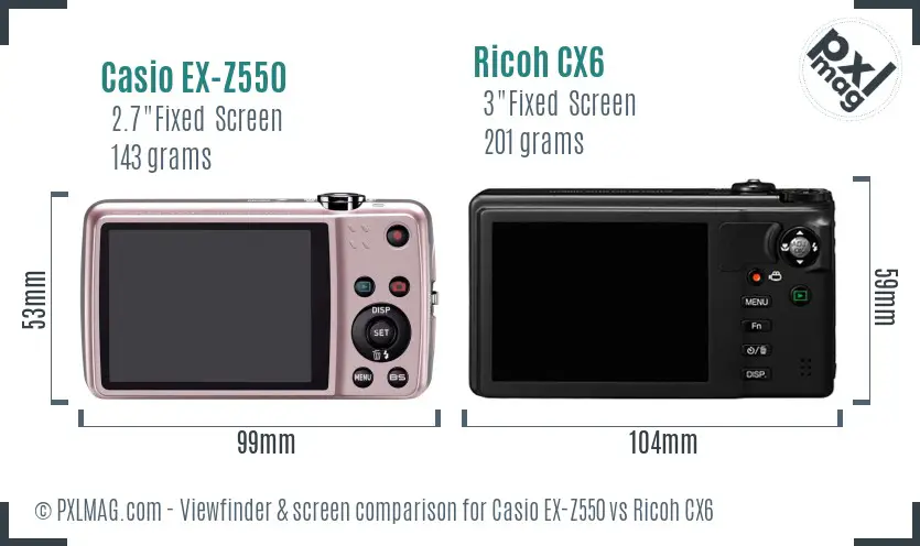 Casio EX-Z550 vs Ricoh CX6 Screen and Viewfinder comparison