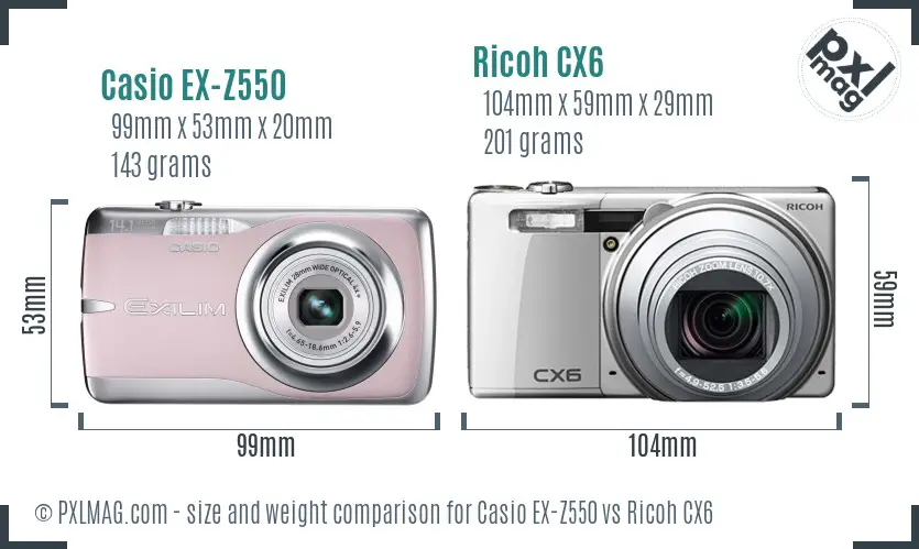 Casio EX-Z550 vs Ricoh CX6 size comparison