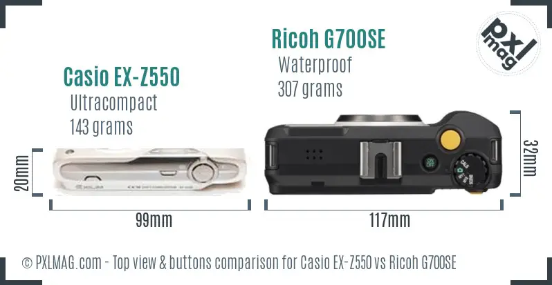 Casio EX-Z550 vs Ricoh G700SE top view buttons comparison