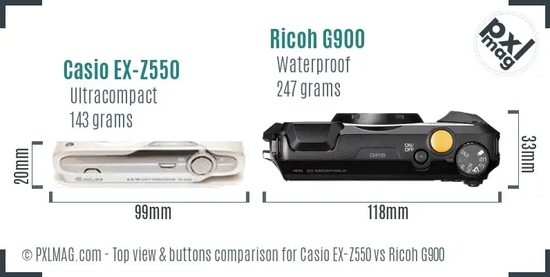 Casio EX-Z550 vs Ricoh G900 top view buttons comparison Casio EX-Z550 vs Ricoh G900 top view buttons comparison