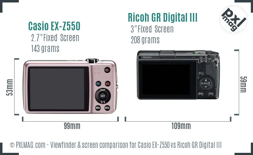 Casio EX-Z550 vs Ricoh GR Digital III Screen and Viewfinder comparison