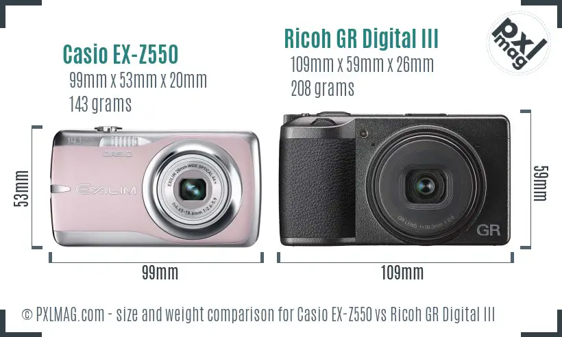 Casio EX-Z550 vs Ricoh GR Digital III size comparison