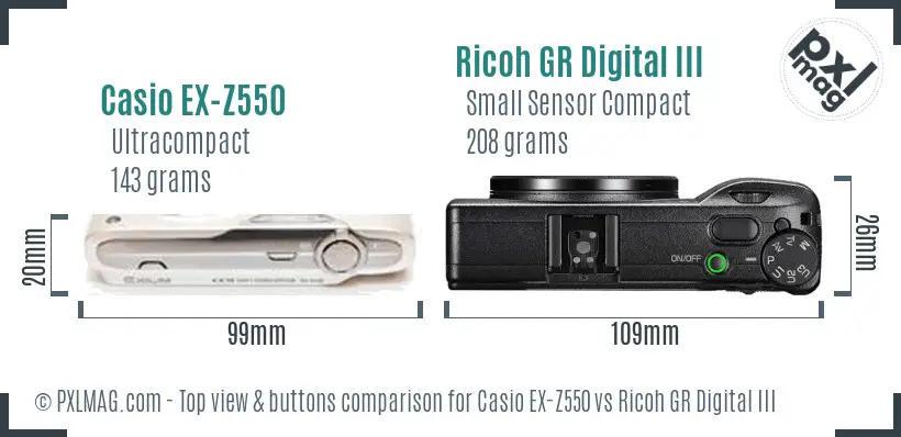 Casio EX-Z550 vs Ricoh GR Digital III top view buttons comparison