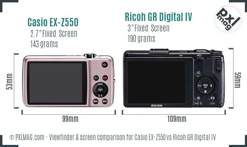 Casio EX-Z550 vs Ricoh GR Digital IV Screen and Viewfinder comparison