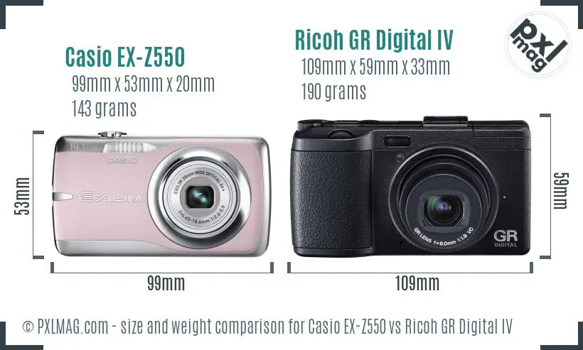 Casio EX-Z550 vs Ricoh GR Digital IV size comparison