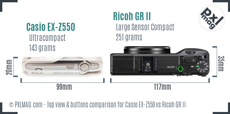 Casio EX-Z550 vs Ricoh GR II top view buttons comparison