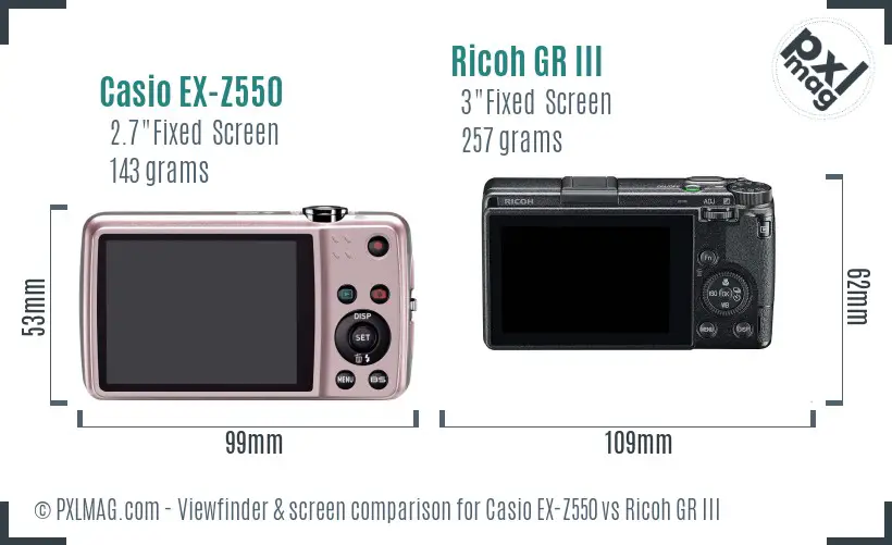 Casio EX-Z550 vs Ricoh GR III Screen and Viewfinder comparison