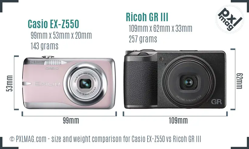 Casio EX-Z550 vs Ricoh GR III size comparison