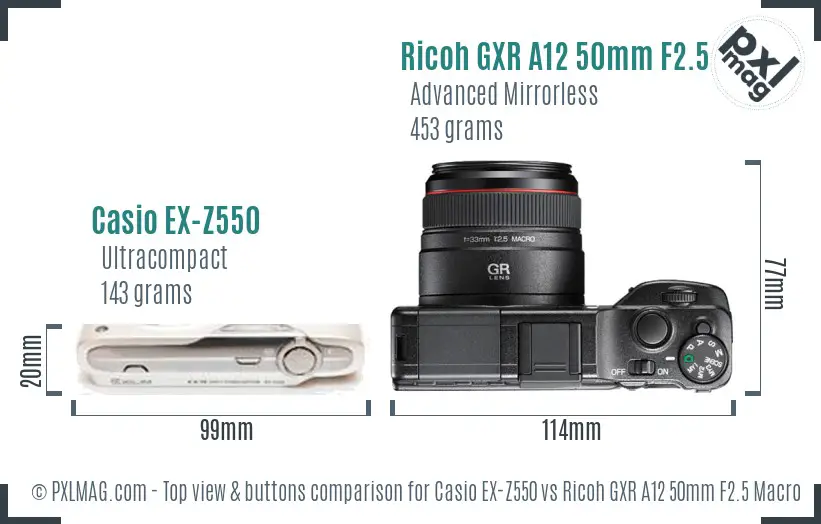 Casio EX-Z550 vs Ricoh GXR A12 50mm F2.5 Macro top view buttons comparison