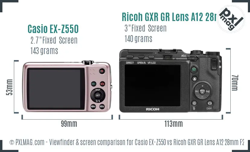 Casio EX-Z550 vs Ricoh GXR GR Lens A12 28mm F2.5 Screen and Viewfinder comparison