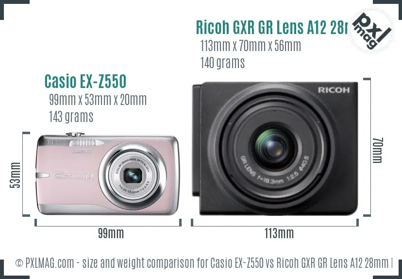 Casio EX-Z550 vs Ricoh GXR GR Lens A12 28mm F2.5 size comparison