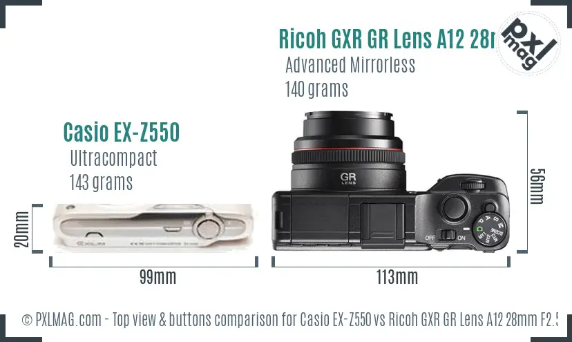Casio EX-Z550 vs Ricoh GXR GR Lens A12 28mm F2.5 top view buttons comparison