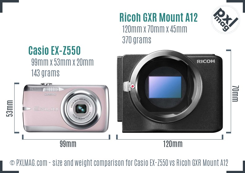 Casio EX-Z550 vs Ricoh GXR Mount A12 size comparison