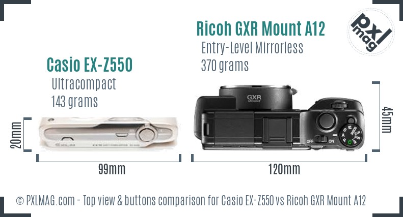 Casio EX-Z550 vs Ricoh GXR Mount A12 top view buttons comparison