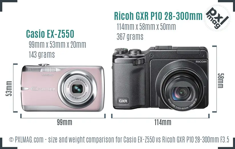 Casio EX-Z550 vs Ricoh GXR P10 28-300mm F3.5-5.6 VC size comparison