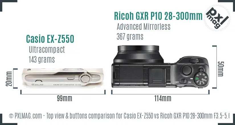Casio EX-Z550 vs Ricoh GXR P10 28-300mm F3.5-5.6 VC top view buttons comparison