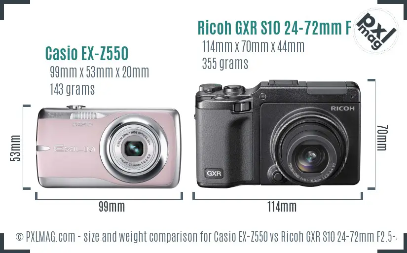 Casio EX-Z550 vs Ricoh GXR S10 24-72mm F2.5-4.4 VC size comparison