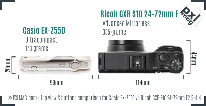 Casio EX-Z550 vs Ricoh GXR S10 24-72mm F2.5-4.4 VC top view buttons comparison