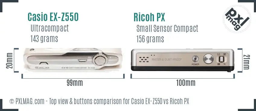 Casio EX-Z550 vs Ricoh PX top view buttons comparison Casio EX-Z550 vs Ricoh PX top view buttons comparison