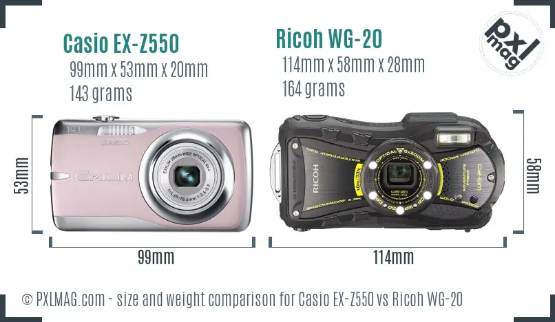 Casio EX-Z550 vs Ricoh WG-20 size comparison