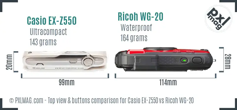 Casio EX-Z550 vs Ricoh WG-20 top view buttons comparison