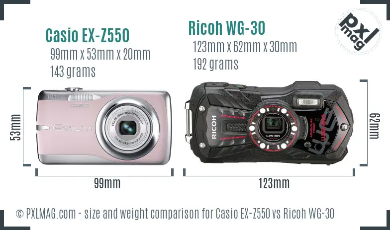 Casio EX-Z550 vs Ricoh WG-30 size comparison