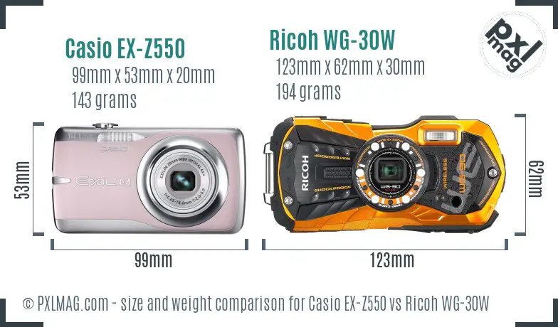 Casio EX-Z550 vs Ricoh WG-30W size comparison Casio EX-Z550 vs Ricoh WG-30W size comparison