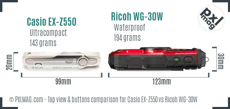 Casio EX-Z550 vs Ricoh WG-30W top view buttons comparison Casio EX-Z550 vs Ricoh WG-30W top view buttons comparison