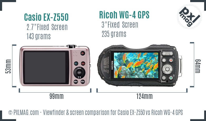Casio EX-Z550 vs Ricoh WG-4 GPS Screen and Viewfinder comparison