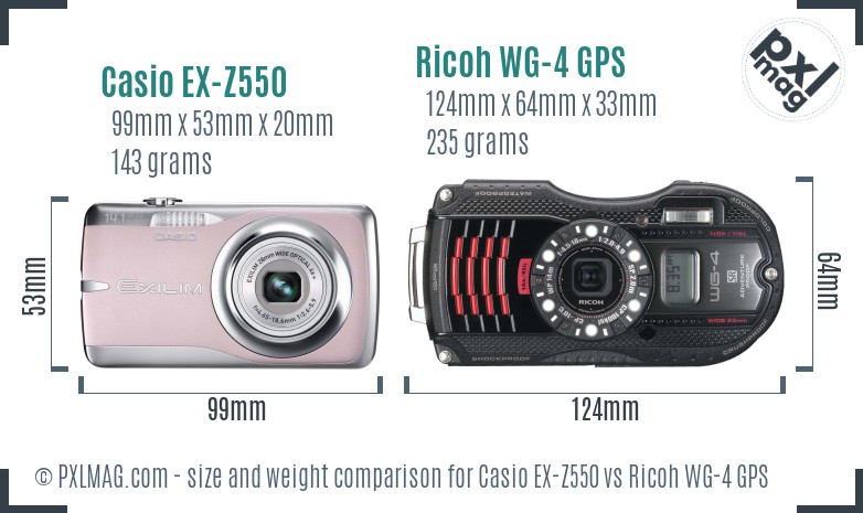Casio EX-Z550 vs Ricoh WG-4 GPS size comparison