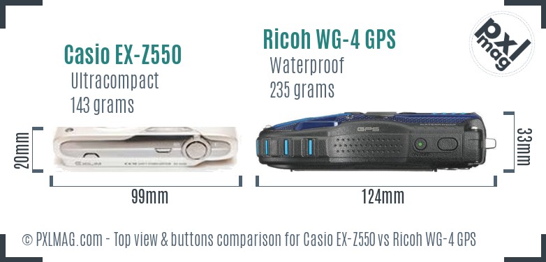 Casio EX-Z550 vs Ricoh WG-4 GPS top view buttons comparison