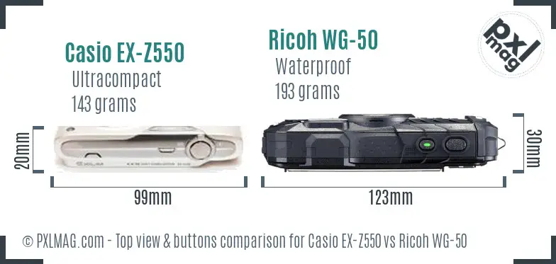Casio EX-Z550 vs Ricoh WG-50 top view buttons comparison Casio EX-Z550 vs Ricoh WG-50 top view buttons comparison