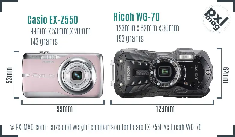 Casio EX-Z550 vs Ricoh WG-70 size comparison Casio EX-Z550 vs Ricoh WG-70 size comparison