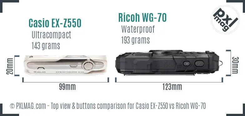 Casio EX-Z550 vs Ricoh WG-70 top view buttons comparison Casio EX-Z550 vs Ricoh WG-70 top view buttons comparison