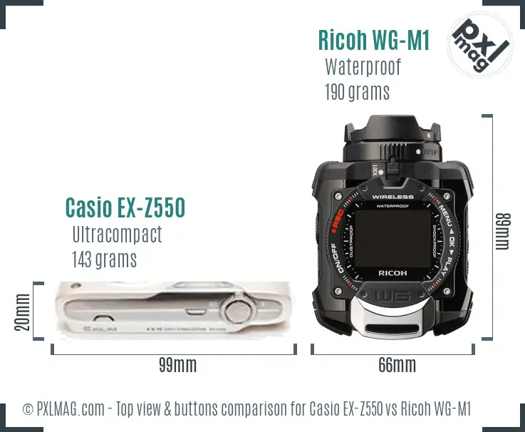Casio EX-Z550 vs Ricoh WG-M1 top view buttons comparison