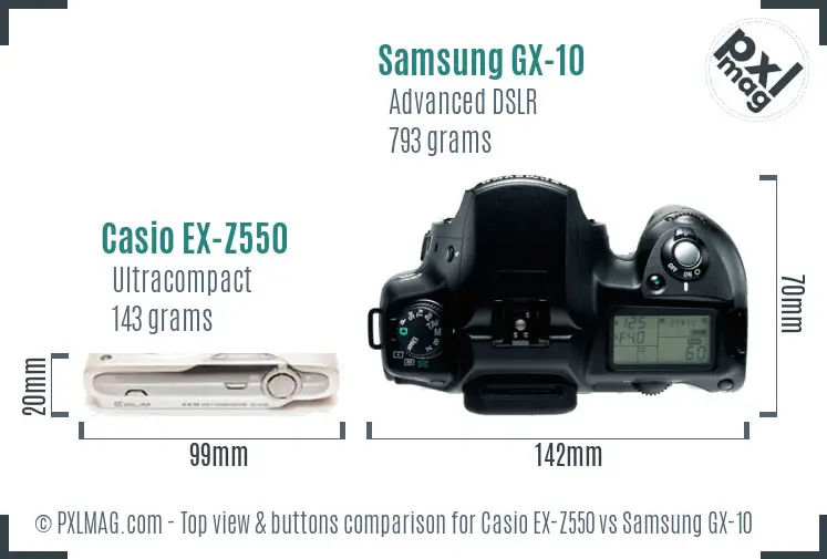 Casio EX-Z550 vs Samsung GX-10 top view buttons comparison Casio EX-Z550 vs Samsung GX-10 top view buttons comparison