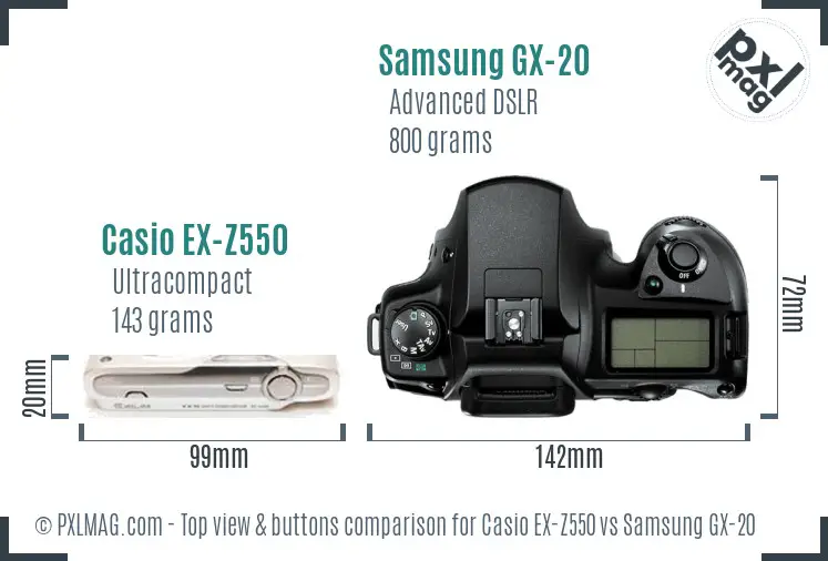 Casio EX-Z550 vs Samsung GX-20 top view buttons comparison